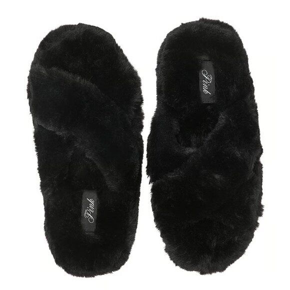 Victoria's Secret Pink- Slippers M L Black Faux Fur Platform Dorm Shoes Slides - Picture 3 of 5